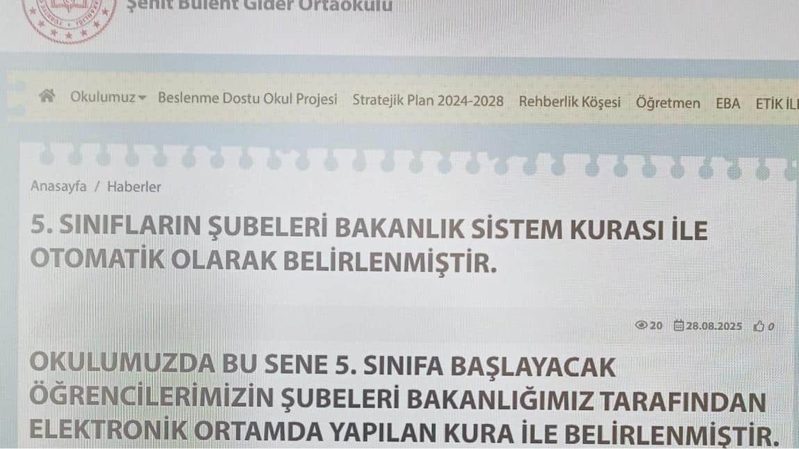 5. SINIFLARIN ŞUBELERİ BAKANLIK SİSTEM KURASI İLE OTOMATİK OLARAK BELİRLENMİŞTİR.